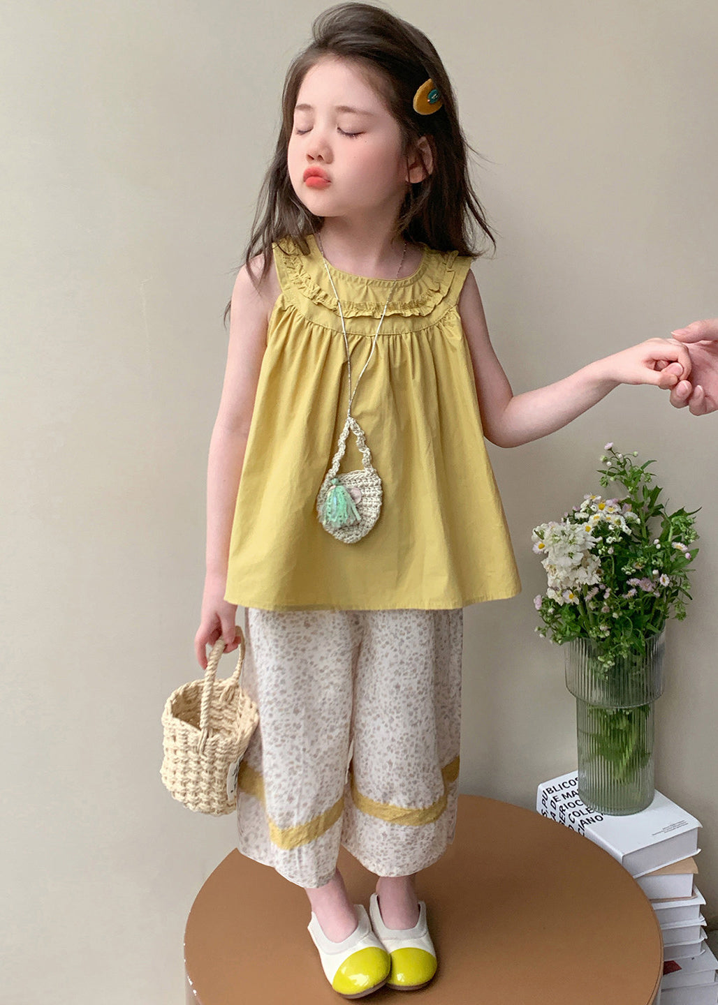 Cute Yellow Ruffled Print Cotton Kids Girls Two Piece Set Summer
