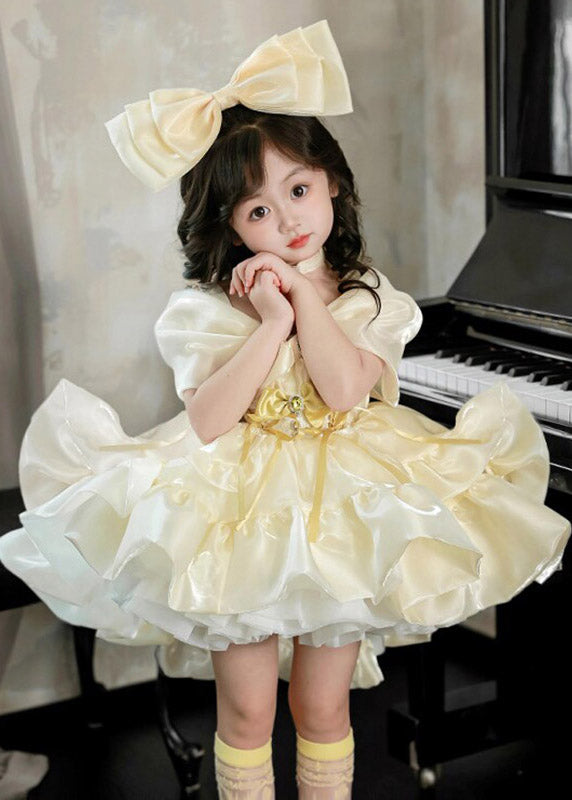 Cute Yellow Slash Neck Patchwork Silk Girls Vacation Mid Dress Summer