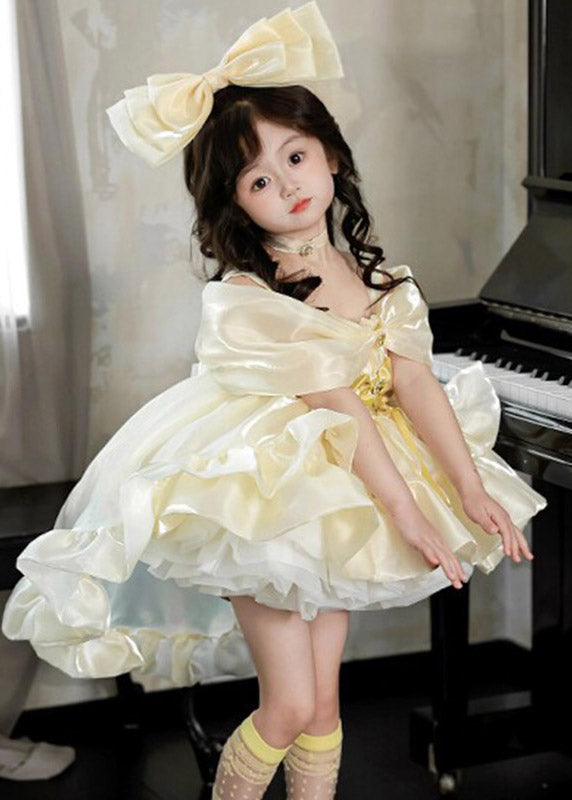 Cute Yellow Slash Neck Patchwork Silk Girls Vacation Mid Dress Summer