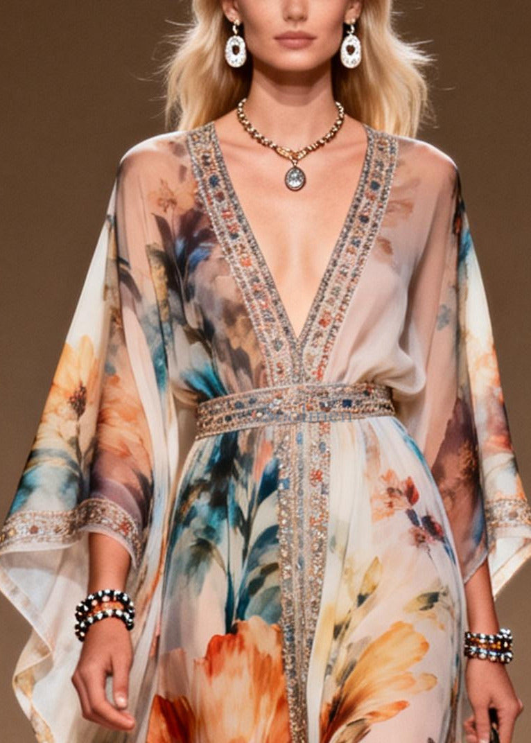 DIY Apricot Print Rhinestone Chiffon Party Dresses Summer