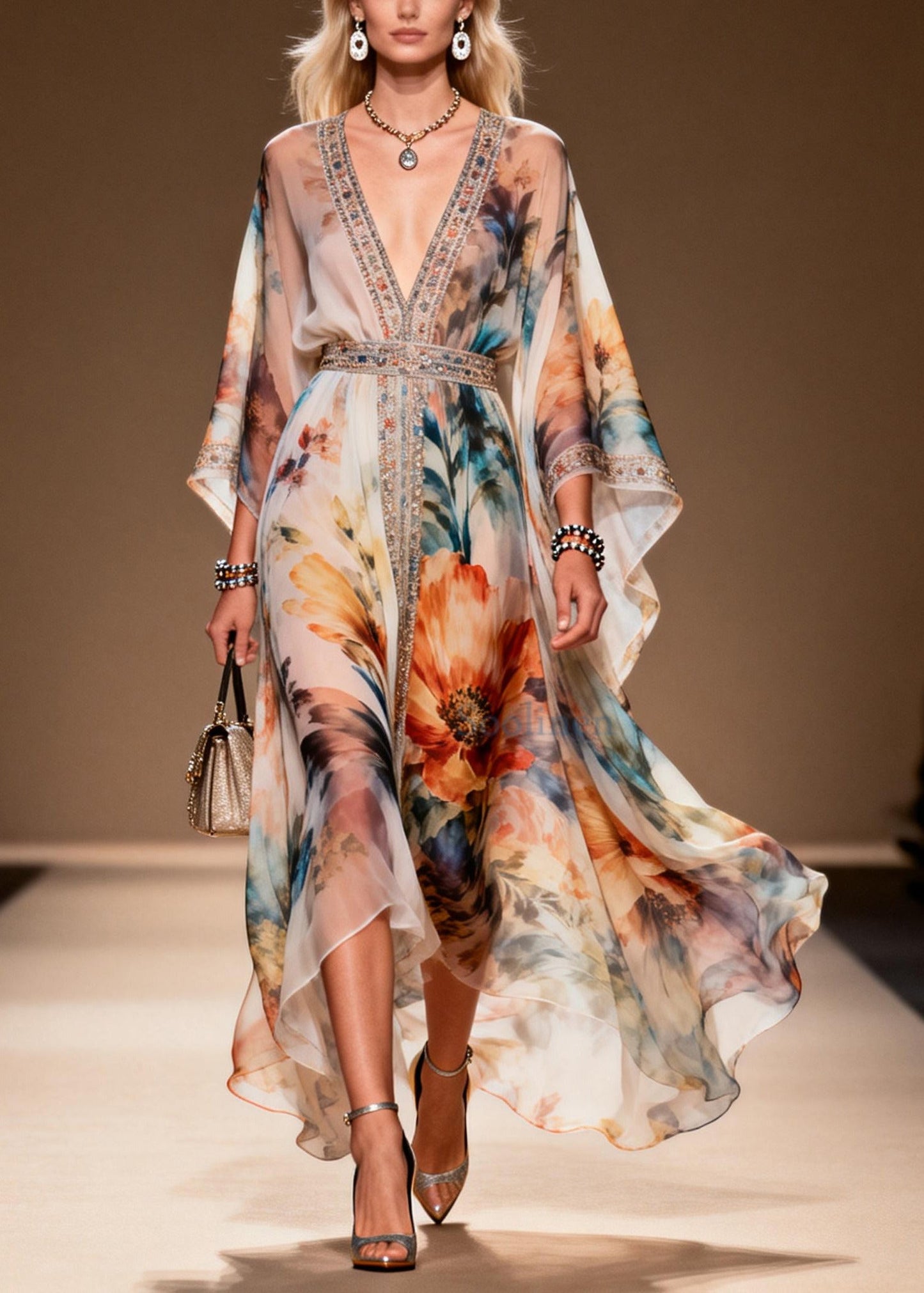 DIY Apricot Print Rhinestone Chiffon Party Dresses Summer