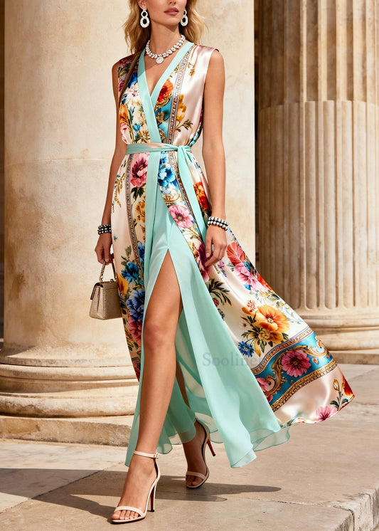 DIY Beige Tie Waist Print Chiffon Fake Two Piece Dresses Sleeveless