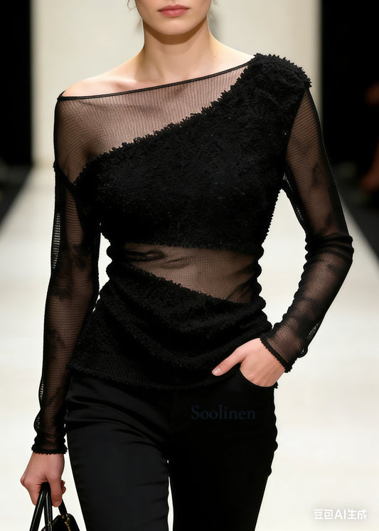 DIY Black Cold Shoulder Patchwork Tulle Tops Summer