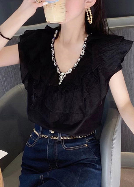 DIY Black Ruffled Rhinestone Cotton Shirts Summer