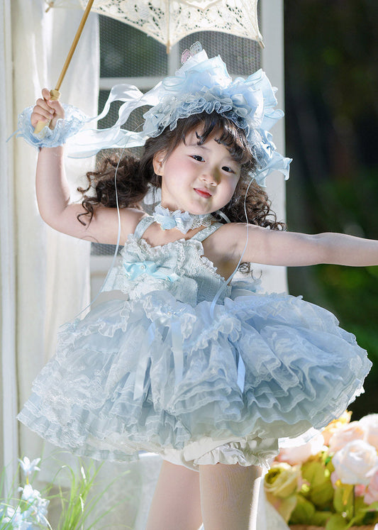 DIY Blue Patchwork Tulle Kids Mid Spaghetti Strap Dress And Shorts Two Piece Set Sleeveless