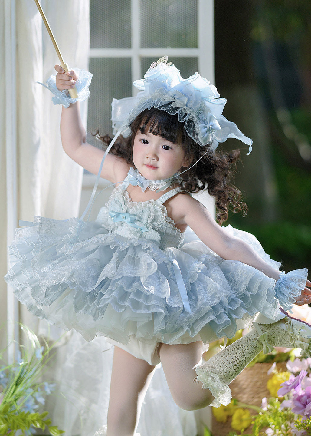DIY Blue Patchwork Tulle Kids Mid Spaghetti Strap Dress And Shorts Two Piece Set Sleeveless