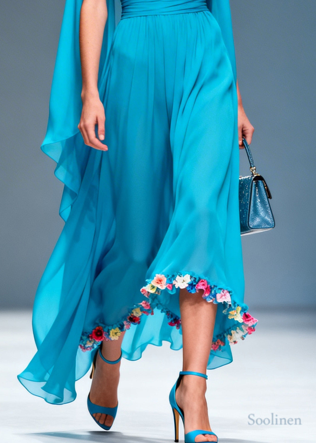 DIY Blue Turtle Neck Patchwork Flower Chiffon Dresses Summer