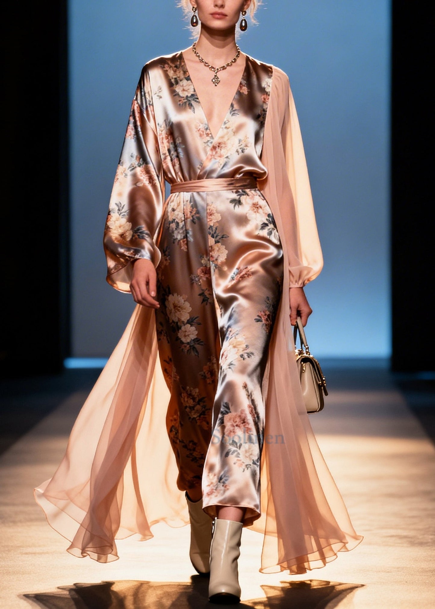 DIY Champagne Asymmetrical Patchwork Print Silk Maxi Dresses Summer