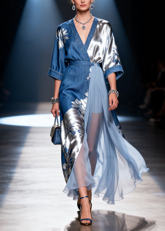 DIY Denim Blue Print Asymmetrical Patchwork Tulle Dress Summer