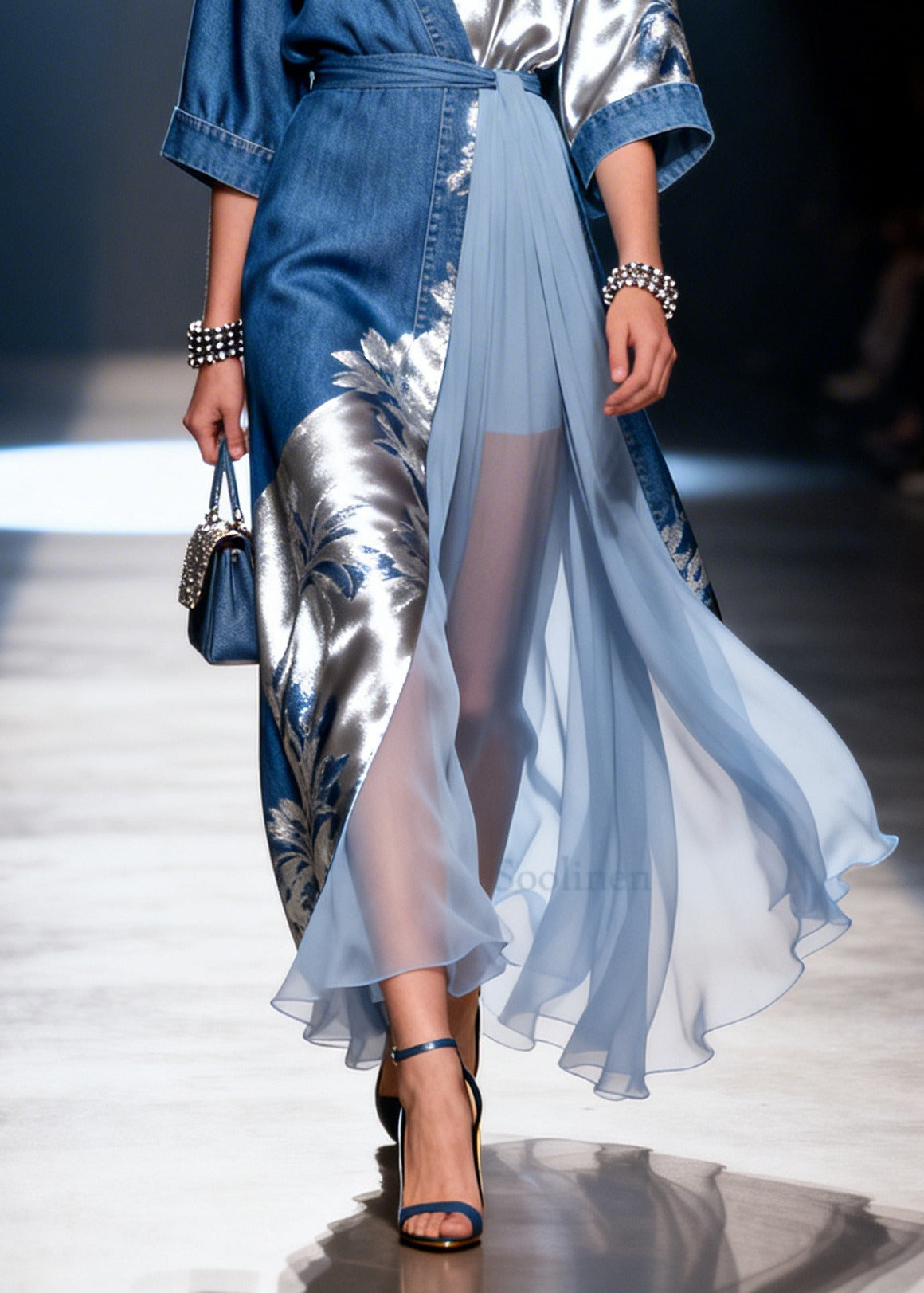 DIY Denim Blue Print Asymmetrical Patchwork Tulle Dress Summer