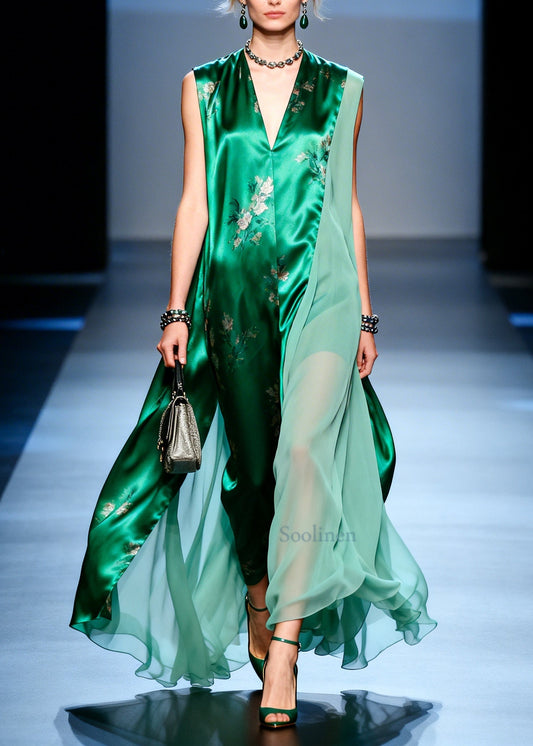 DIY Green Asymmetrical Patchwork Chiffon Holiday Dress Sleeveless