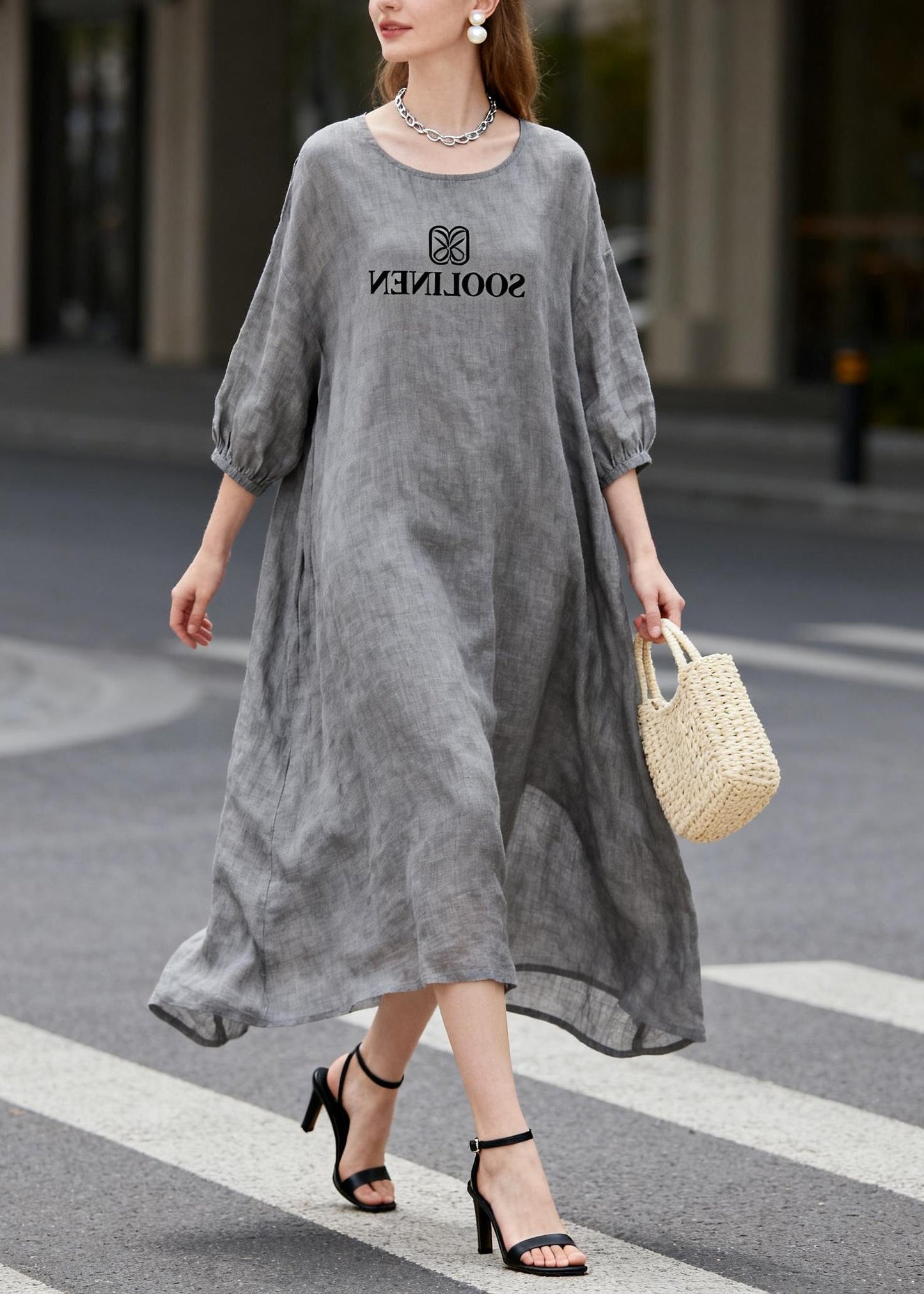 DIY Grey Oversized Print Linen Maxi Dresses Summer