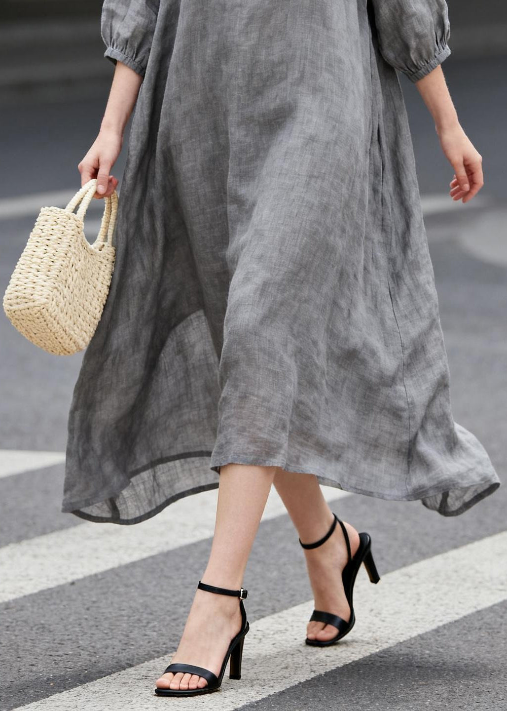 DIY Grey Oversized Print Linen Maxi Dresses Summer