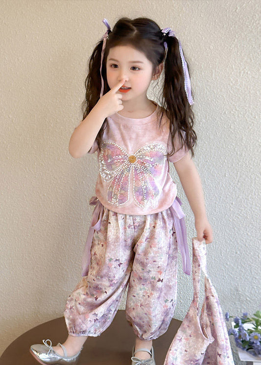 DIY Light Purple O-Neck Bow Kids T Shirt And Lantern Pants Two Pieces Set Short Sleeve