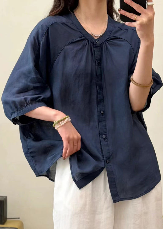 DIY Navy Oversized Wrinkled Linen Shirt Top Summer