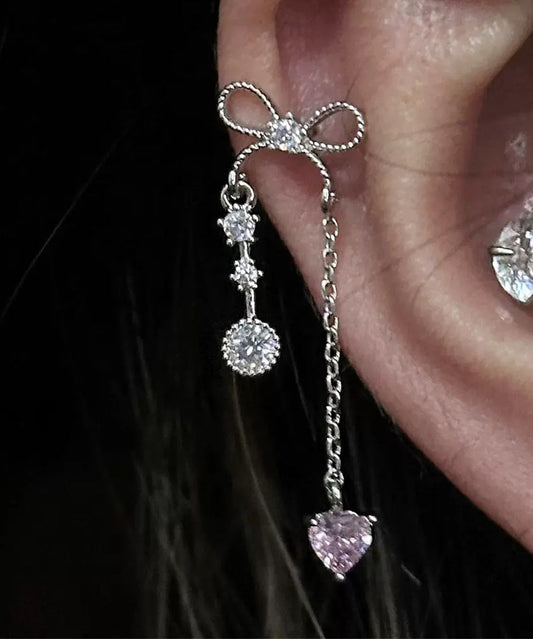 DIY Silk Copper Zircon Love Bow Tassel Single Drop Earrings