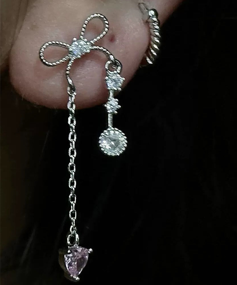 DIY Silk Copper Zircon Love Bow Tassel Single Drop Earrings
