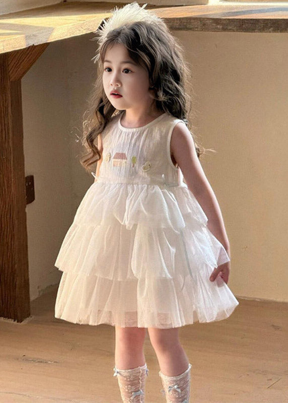 DIY White O-Neck Patchwork Kids Maxi Dress Summer