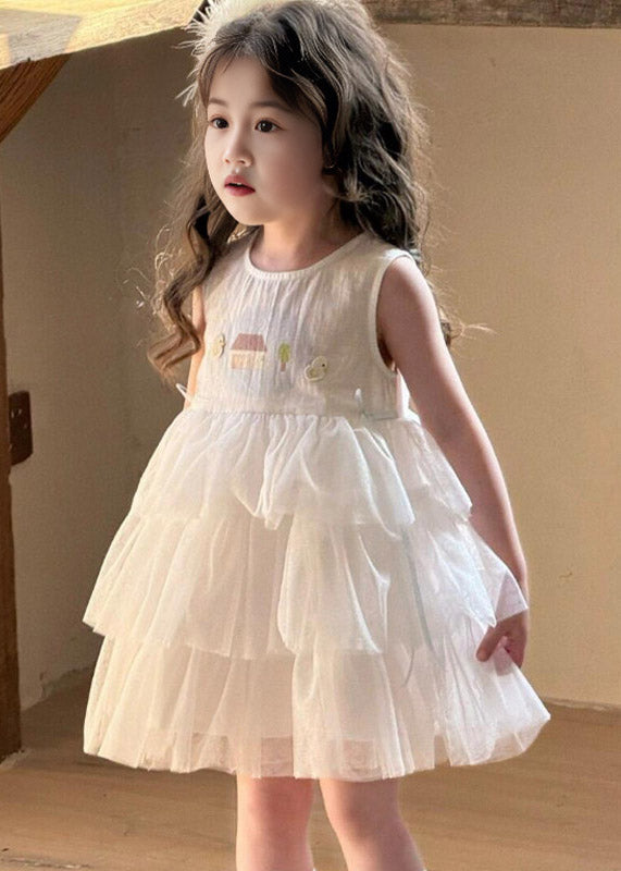 DIY White O-Neck Patchwork Kids Maxi Dress Summer