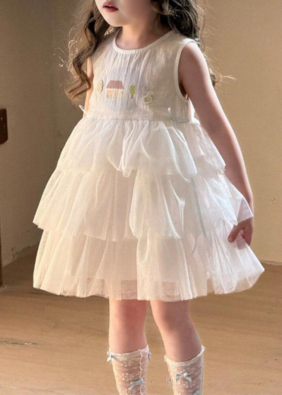 DIY White O-Neck Patchwork Kids Maxi Dress Summer