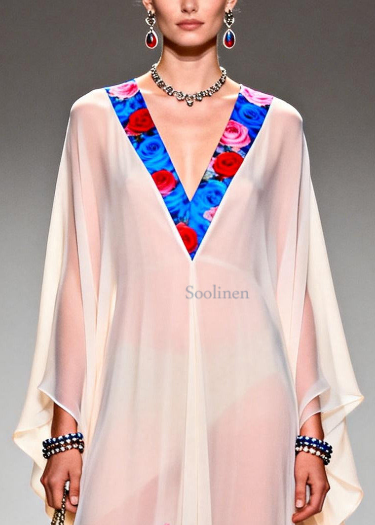 DIY White V Neck Print Chiffon Long Dresses Summer