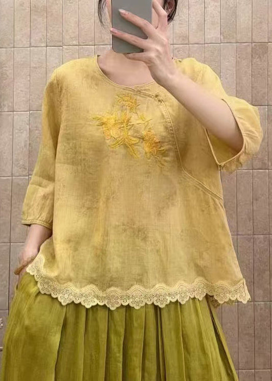 DIY Yellow Embroidered Patchwork Lace Oriental Tops Summer