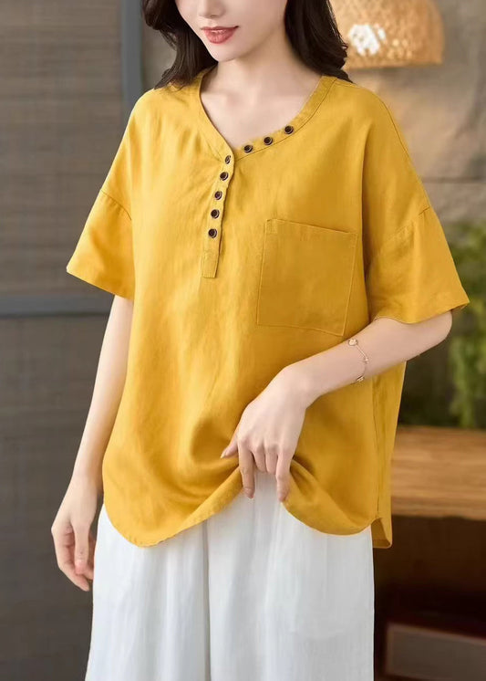 DIY Yellow Oversized With Pocket Cotton Blouse Tops Summer