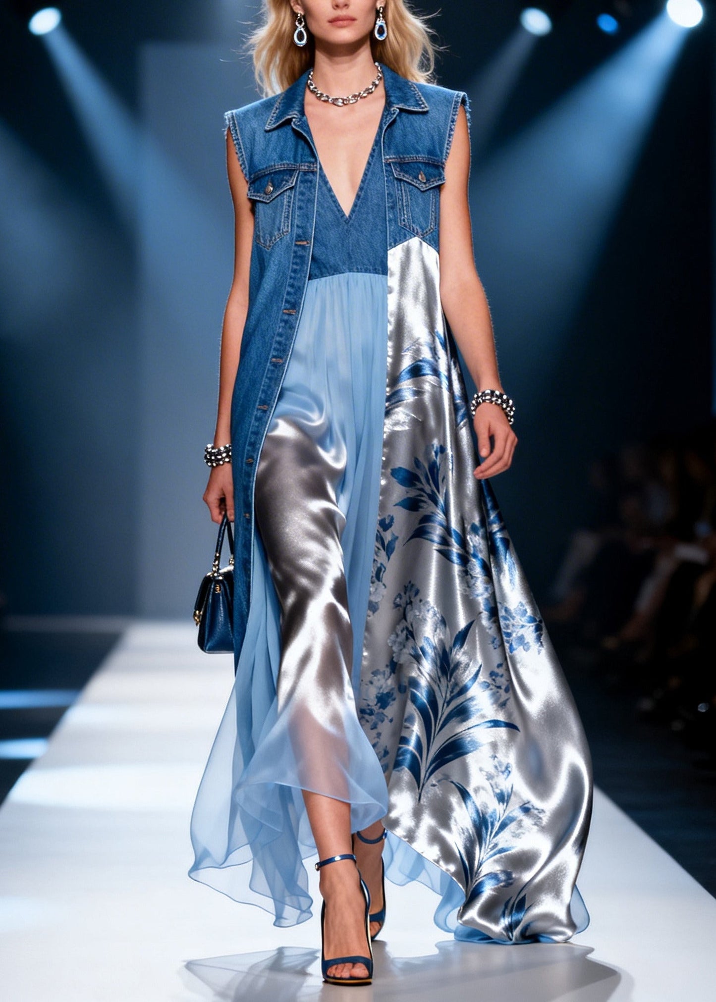 Denim Blue Patchwork Chiffon Dress Two Piece Set Asymmetrical Summer