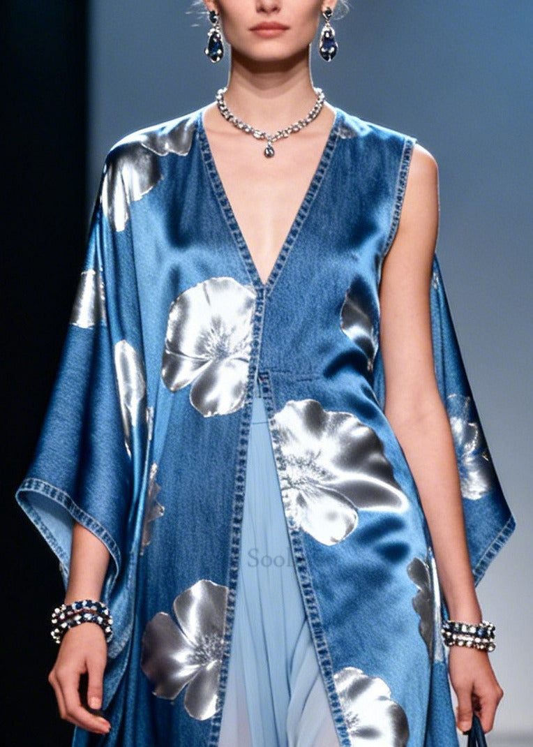 Denim Blue Patchwork Chiffon Dresses Asymmetrical Side Open Summer