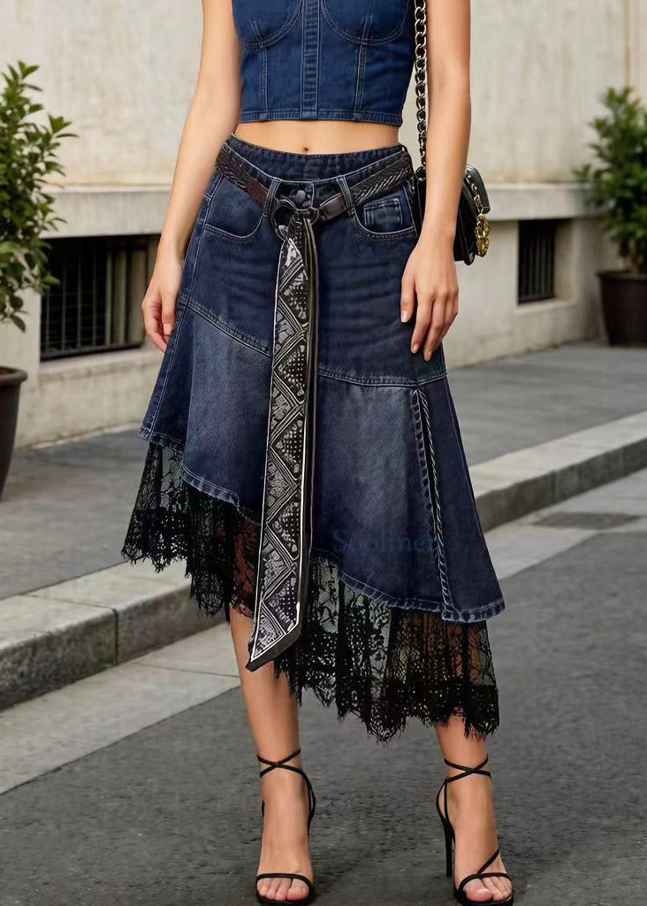 Denim Blue Patchwork Lace Skirt Low High Design Summer