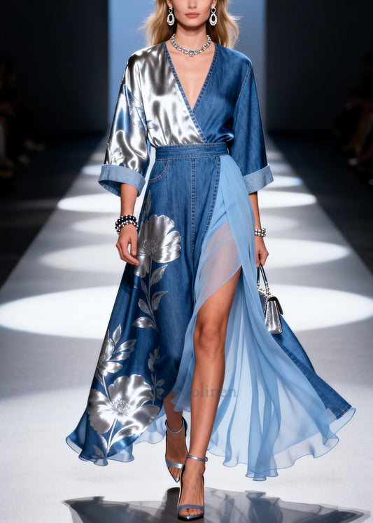 Denim Blue Patchwork Tulle Dress Asymmetrical Side Open Summer
