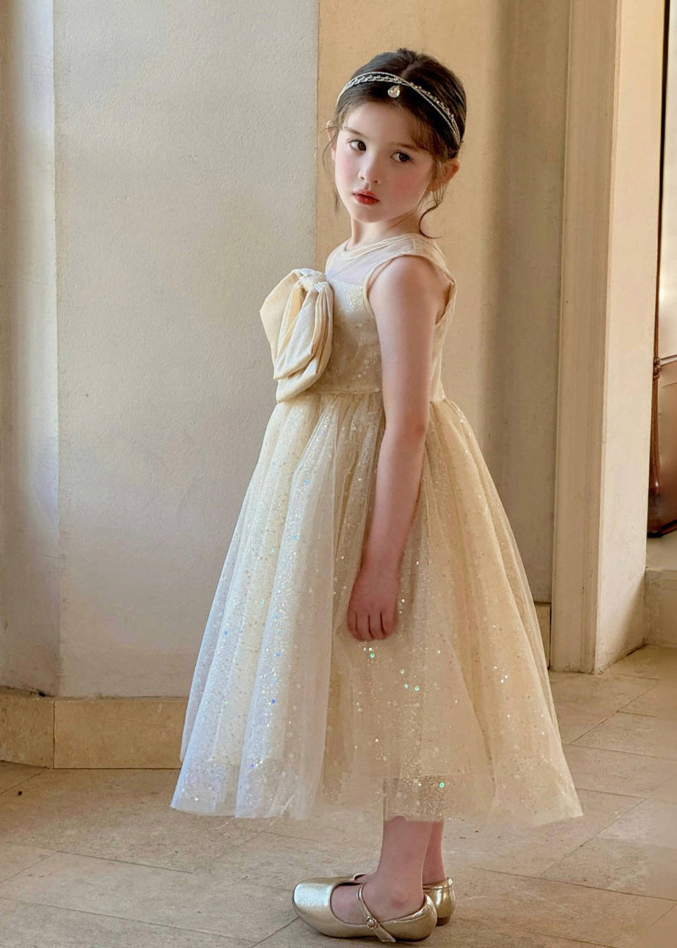 Dinner Apricot Patchwork Bow Tulle Kids Maxi Dresses Sleeveless