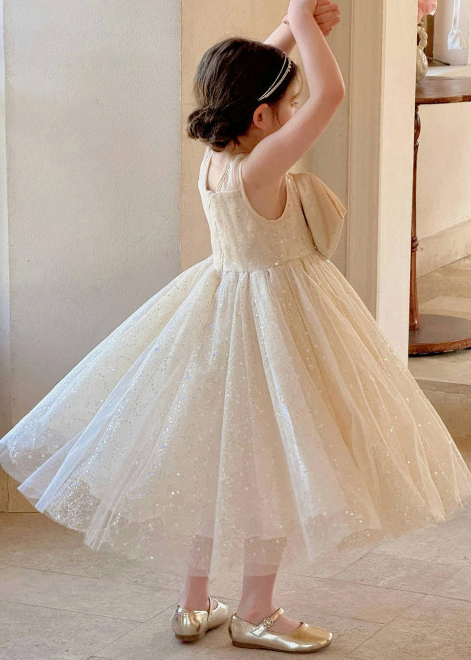 Dinner Apricot Patchwork Bow Tulle Kids Maxi Dresses Sleeveless