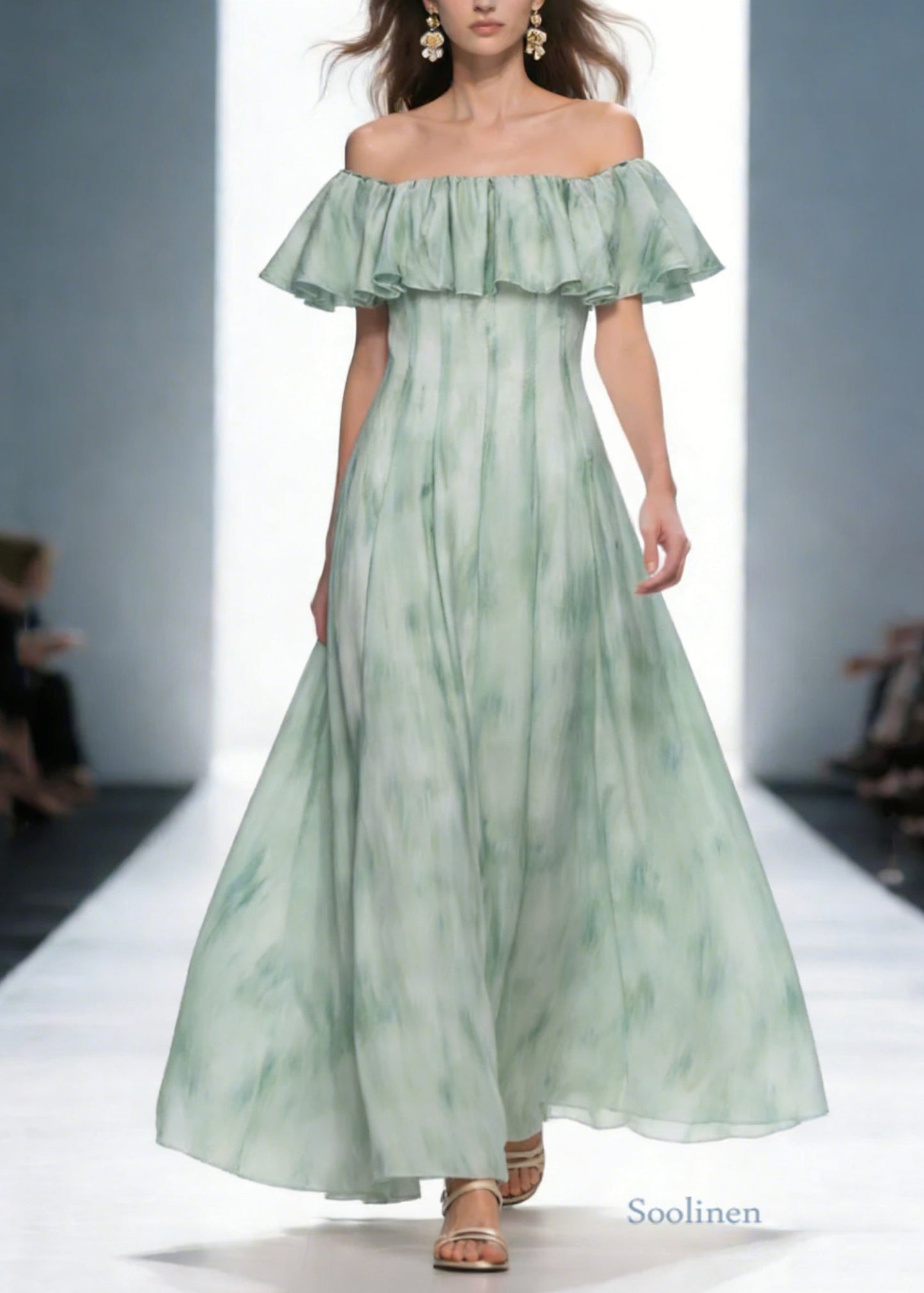Dinner Green Slash Neck Print Long Dress Short Sleeve