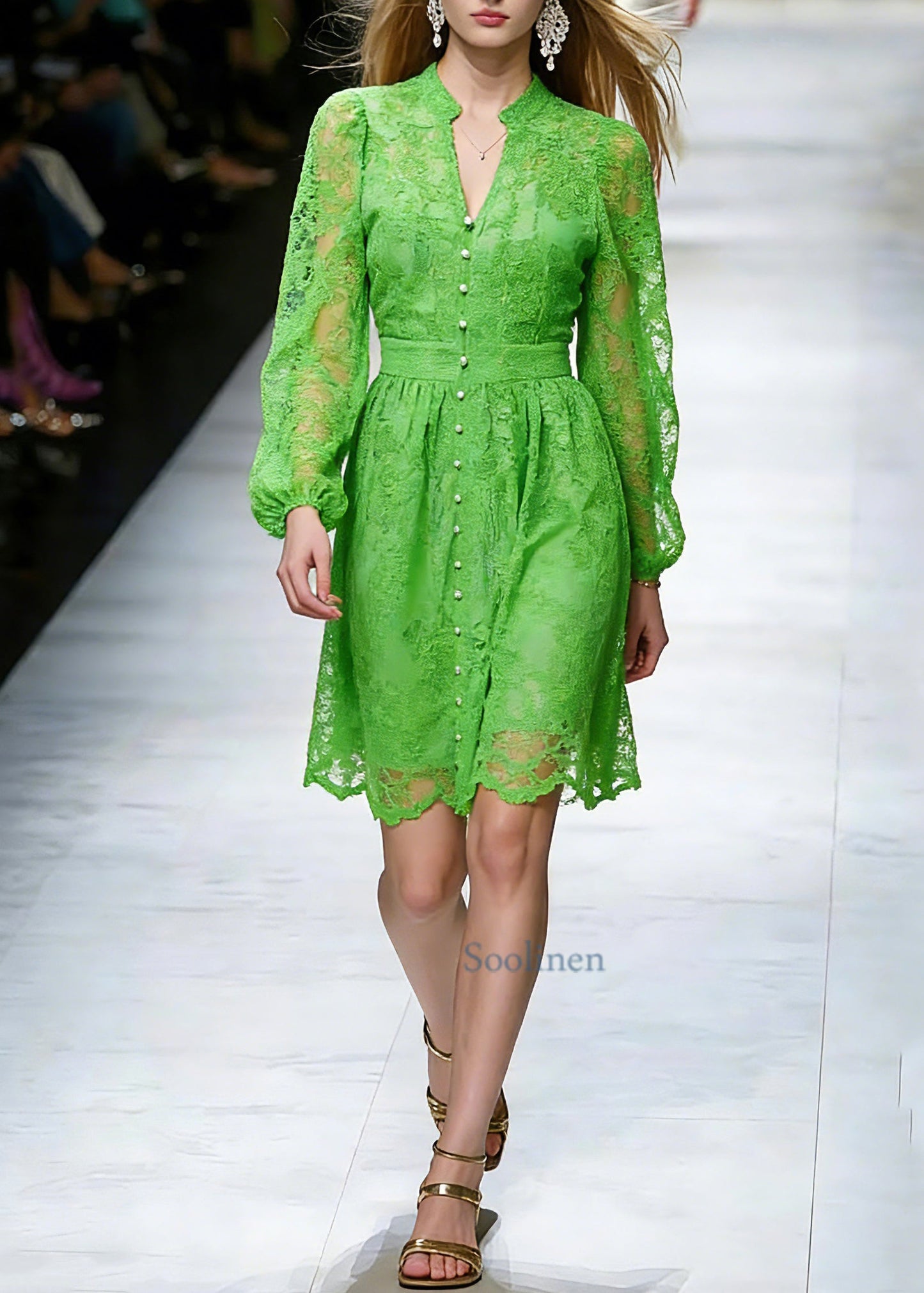 Dinner Green V Neck Lace Patchwork Tulle Mid Dress Spring