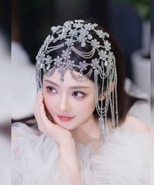 Dinner White Crystal Zircon Hollow Out Tassel HairPiece