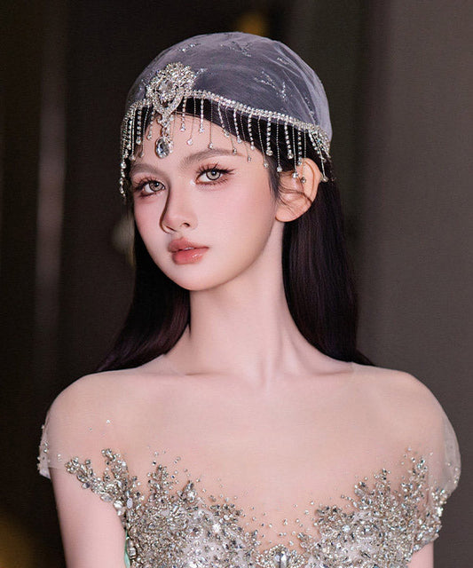 Dinner White Tulle Patchwork Zircon Tassel HairPiece