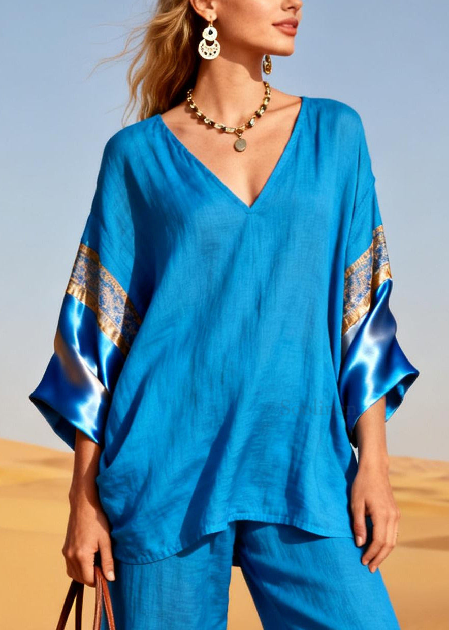 Diy Blue Oversized Patchwork Linen Silk Two Piece Set Outfits Spring