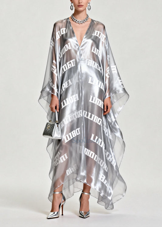 Diy Silvery Oversized Letter Print Chiffon Maxi Dress Summer