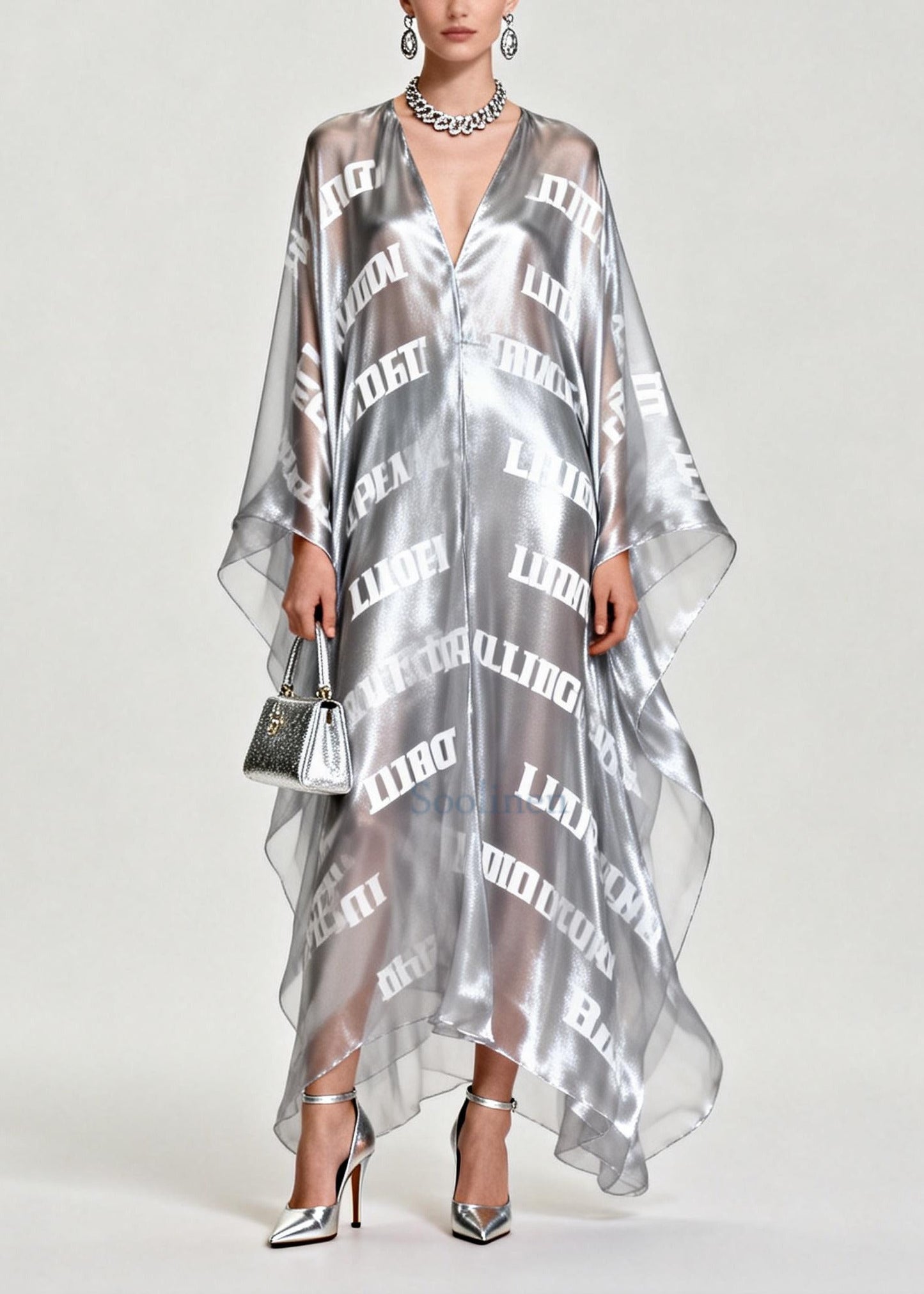 Diy Silvery Oversized Letter Print Chiffon Maxi Dress Summer