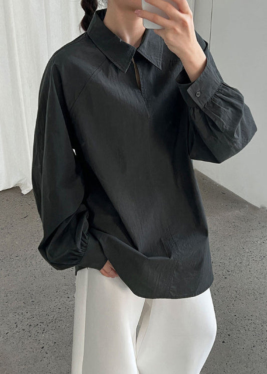 Dull Grey Cotton Loose Shirts Peter Pan Collar Spring