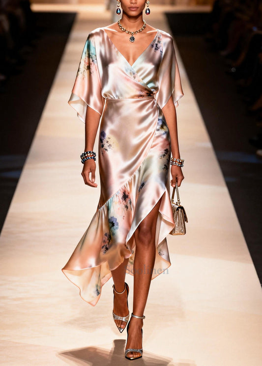 Elegant Apricot Asymmetrical Print Chiffon Party Dress Summer