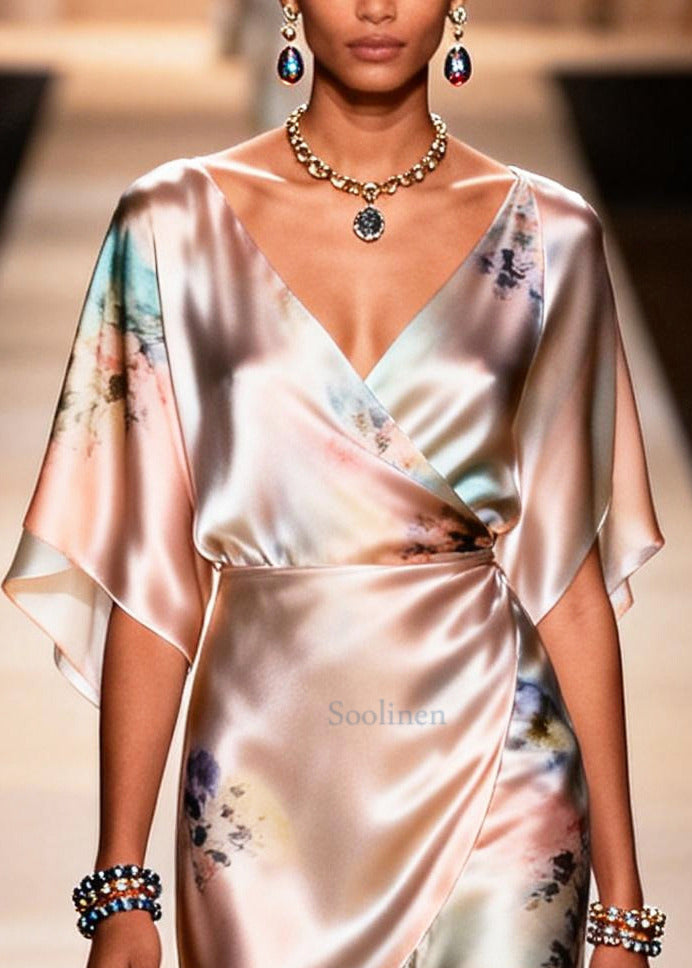Elegant Apricot Asymmetrical Print Chiffon Party Dress Summer