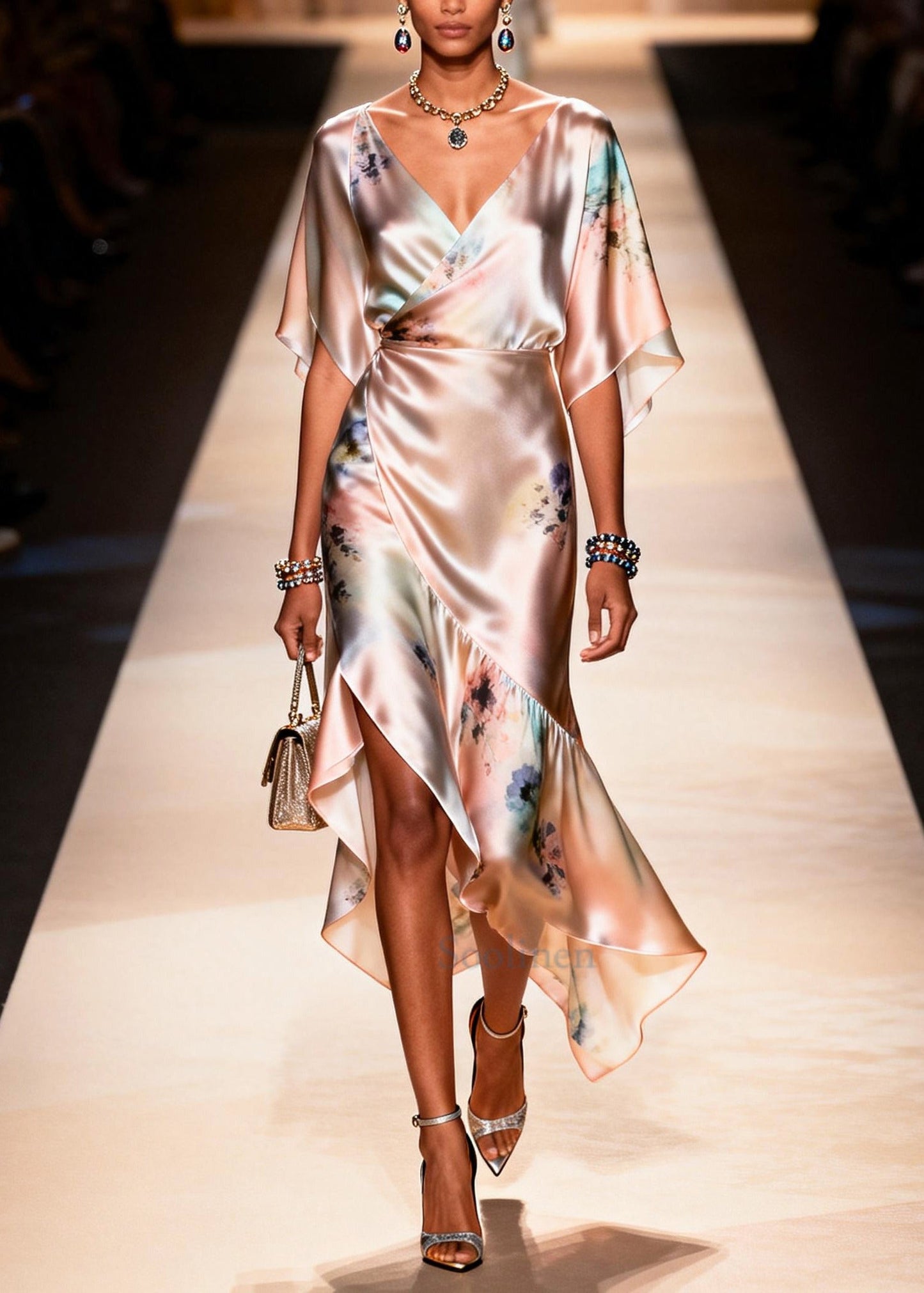 Elegant Apricot Asymmetrical Print Chiffon Party Dress Summer