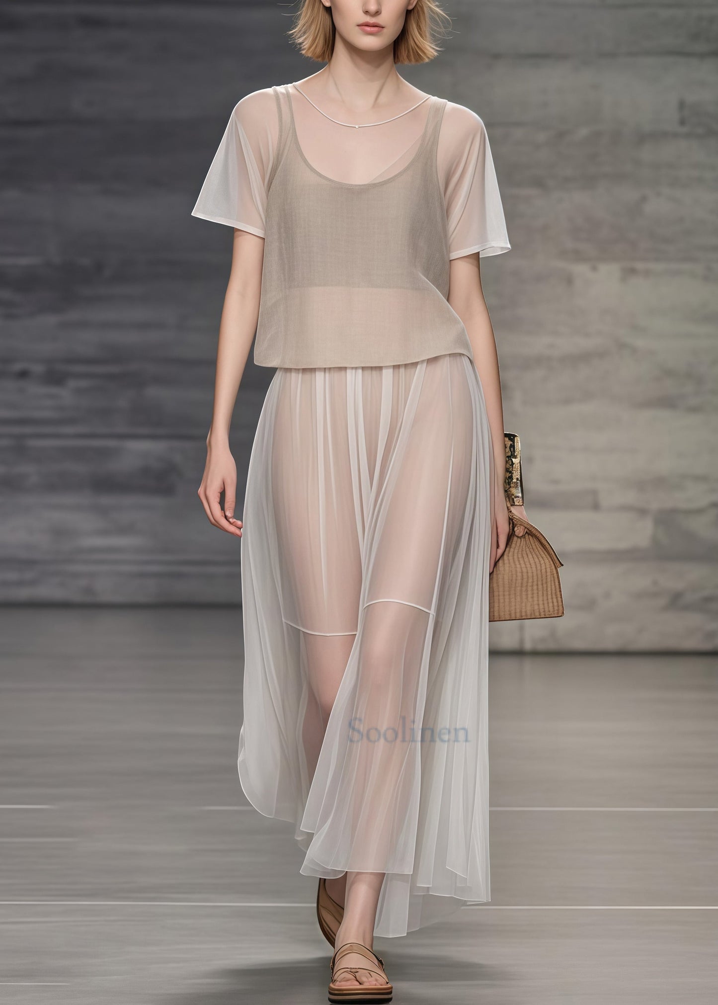Elegant Apricot Oversized Draping Tulle Holiday Dress Two Piece Set Summer