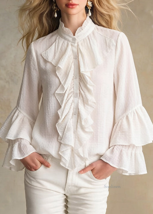 Elegant Apricot Stand Collar Ruffled Button Cotton Shirt