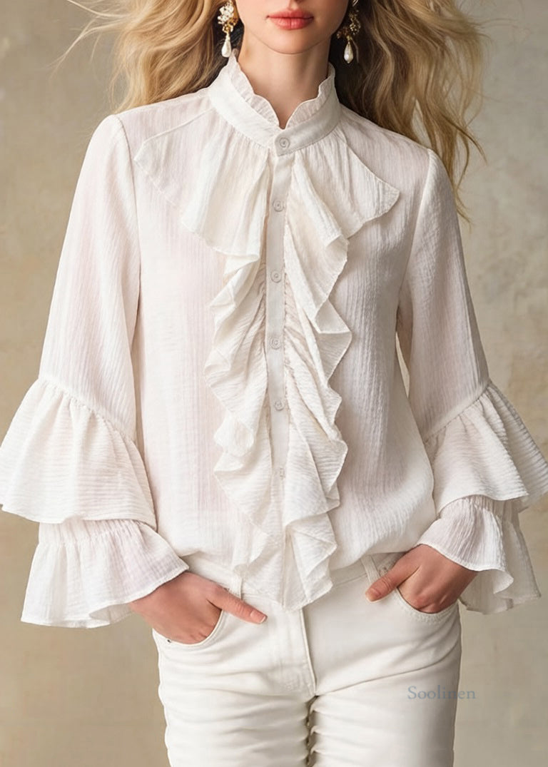 Elegant Apricot Stand Collar Ruffled Button Cotton Shirt