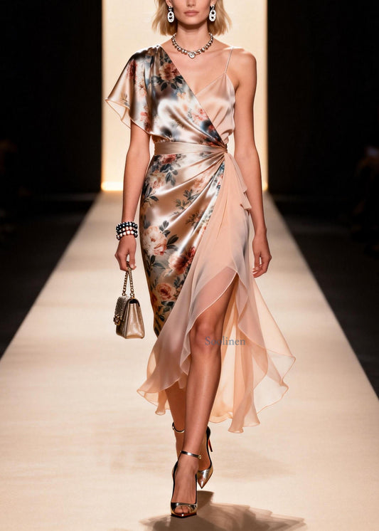 Elegant Asymmetrical Design Print Patchwork Silk Dress Summer