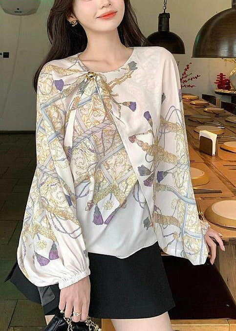 Elegant Beige Asymmetrical Print Chiffon Shirt Spring
