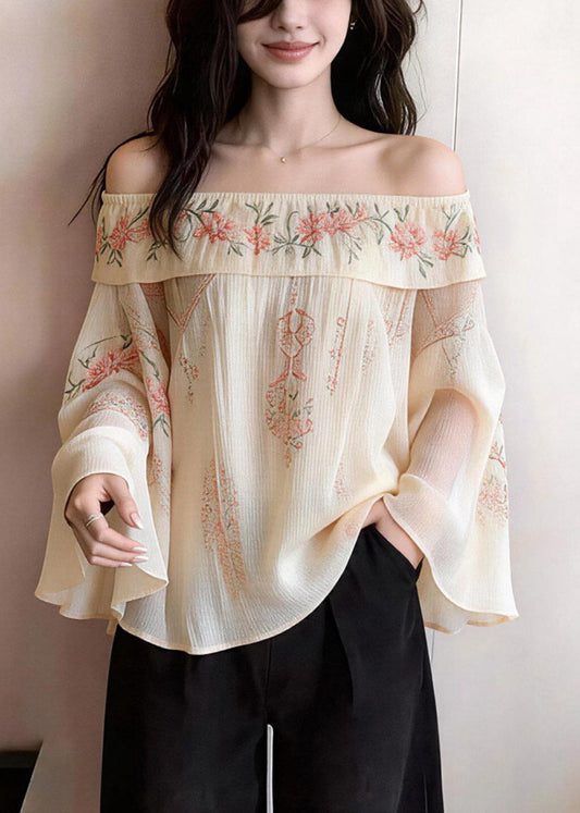 Elegant Beige Cold Shoulder Print Cotton Blouses Flare Sleeve